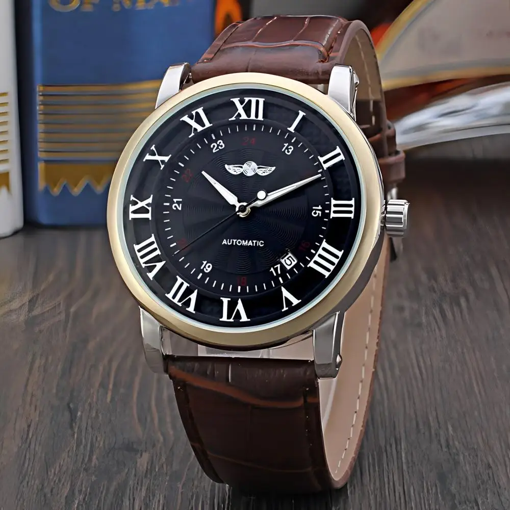 T-WINNER Classic Minimalist Business Men's Watches Automatic Mechanical Watch Date Display Luminous Hands Brown Strap Male Clock