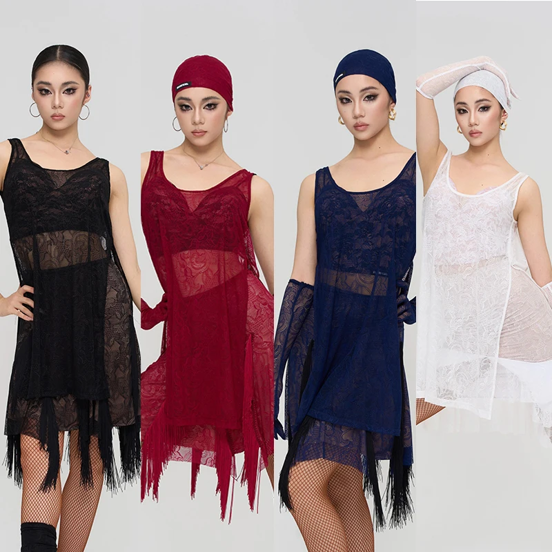 

Костюм для латинских танцев 2025, кружевной бюстгальтер без рукавов, топы, юбка с бахромой, женская одежда для танцев румбы, самбы, платье для соревнований V24151