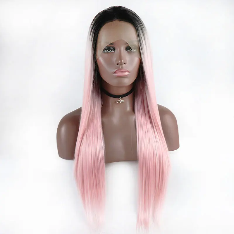 Black Roots Ombre Pink Straight Hair Wig Synthetic 13X4 Lace Front Wigs High Quality Heat Resistant Fiber Hair For Fashion Women