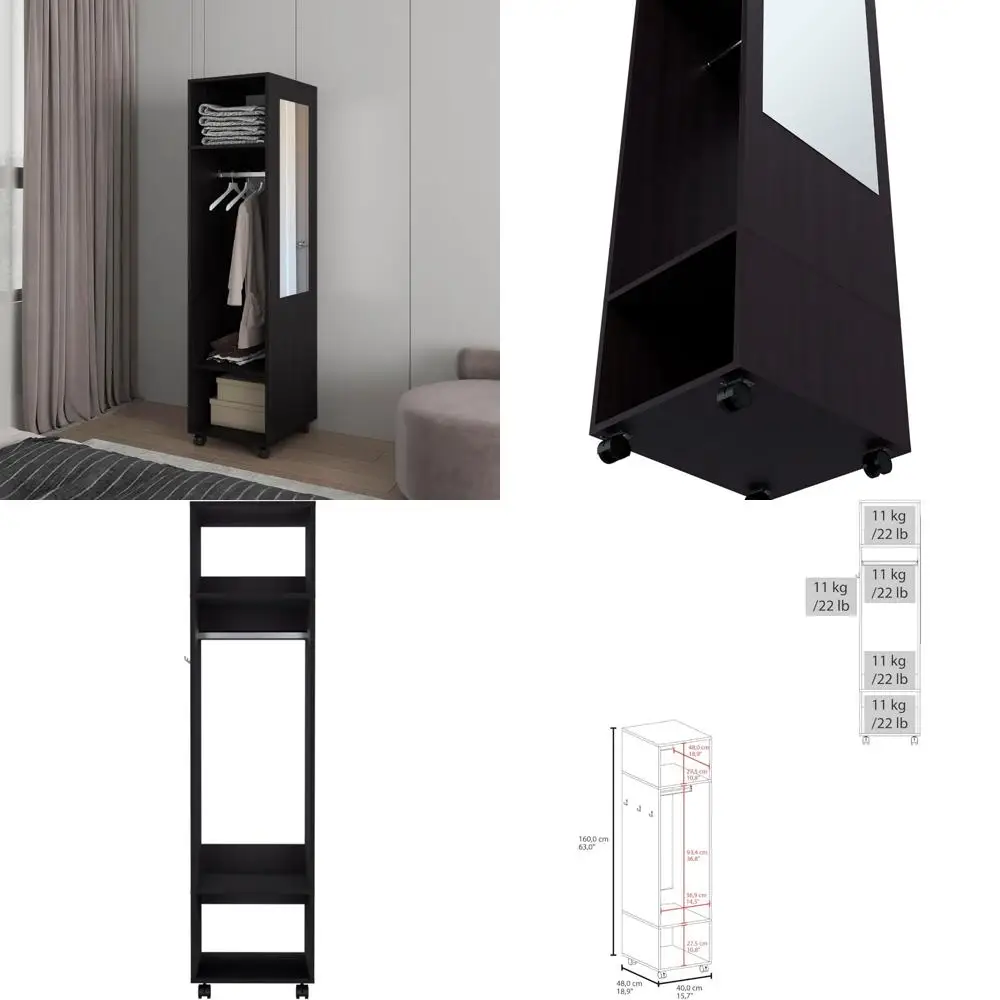 خزانة ملابس سوداء مدمجة مع مرآة ومساحة معلقة ورفوف لتخزين غرفة النوم الصغيرة الفعالة