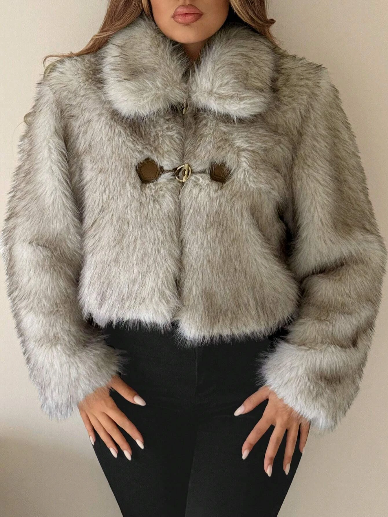 Women's Faux Fur Coat Cropped Fluffy Plush Lapel Collar Grey Warm Winter Jacket Elegant Luxe Chic Quiet Luxury