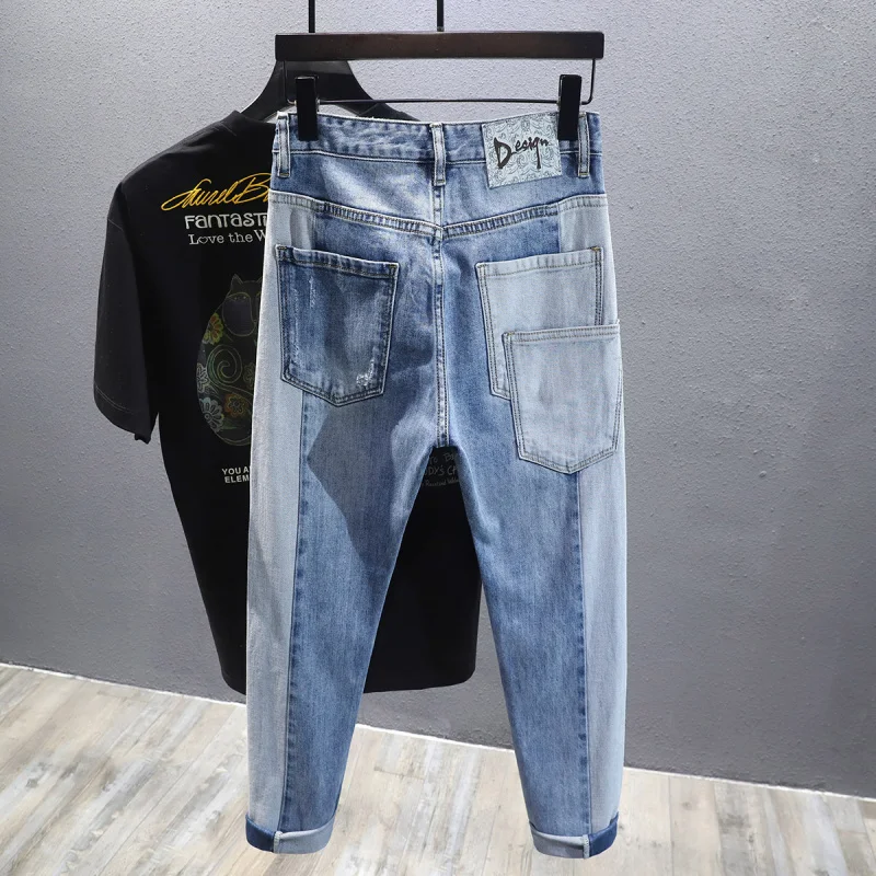 

2024 New Autumn Men's Jeans Korean Style Trendy Patchwork Color Block Ripped Patches Slim Fit Skinny Long Pants