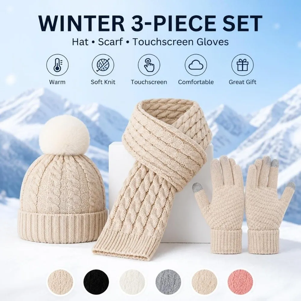 3Pcs/Set Warm Winter Hat Scarf Gloves Set Windproof Soft Scarf Neck Warmer Suit Elastic Thicken Touchscreen Gloves for Men Women