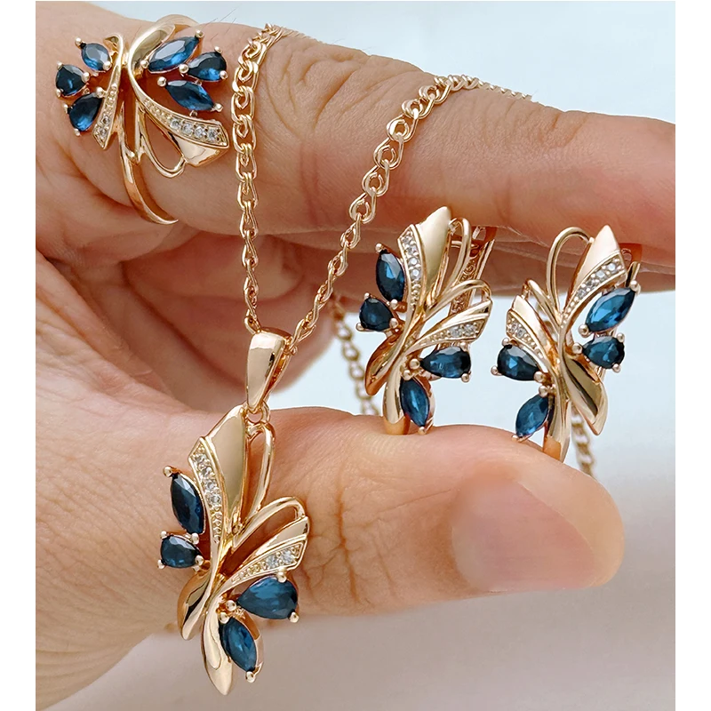 Kinel Hot Blue Natural Zircon Butterfly Ring Earrings Necklace For Women Fashion 585 Rose Gold Color Vintage Wedding Jewelry Set