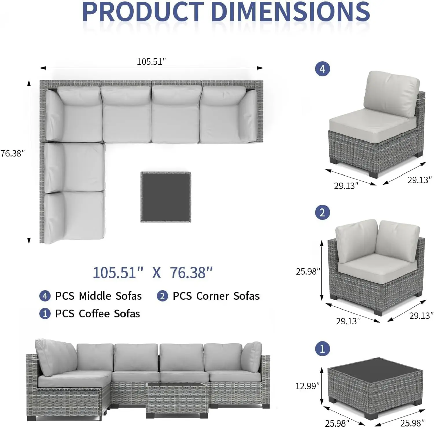 7 Piece Outdoor Wicker Sectional Sofa with Glass Table, All-Weather Rattan Patio Set with Washable Cushions, Customized