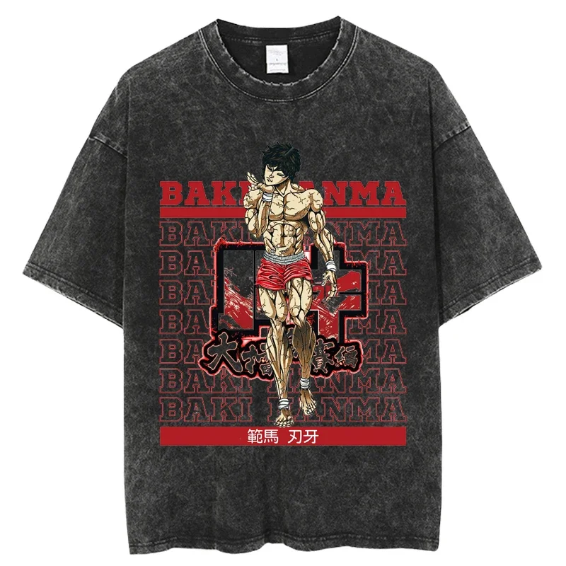 Casual O-Neck Streetwear Short Sleeve Unisex T-Shirt Hot  Harajuku Vintage Washed T-shirt Anime Grappler Baki Kyokudai taikai