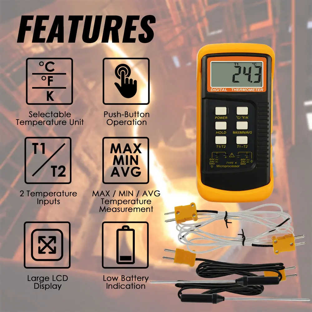 Digital K Type Thermocouple Thermometer Set Dual Channel Wired K-Type And Stainless Steel Thermocouples Ovens Furnaces Ceramics