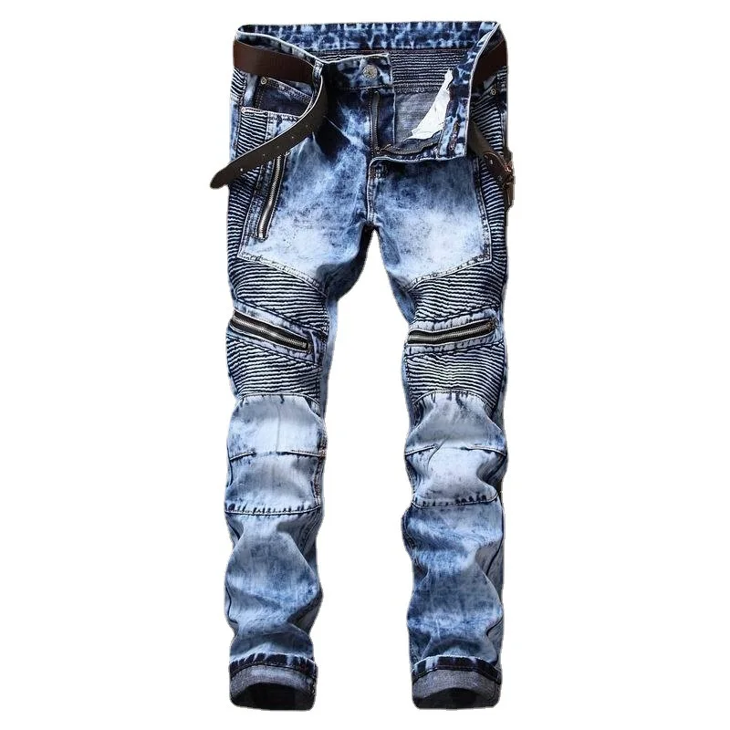 

New Fashion Men Casual Jeans Straight Pleated Biker Jeans Male Motorcycle Denim Pants Vaqueros Hombre pantalones