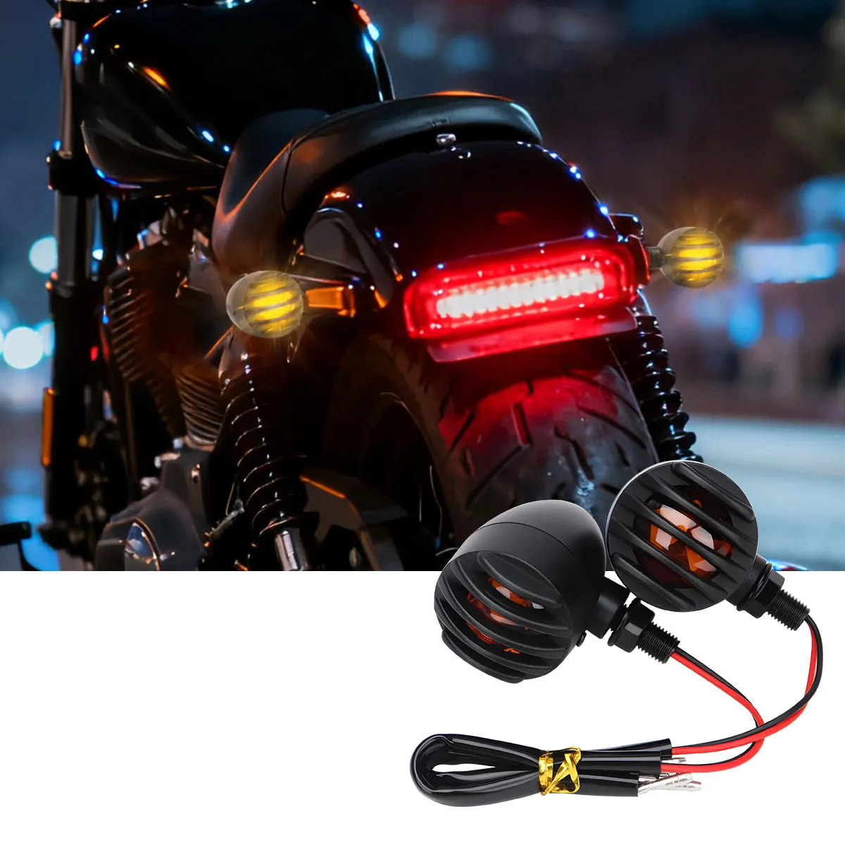 2PCS Retro Grille Bullet Head Shaped Motorcycle LED Turn Signal Lights Amber Indicator Blinker For Front Rear Taillight