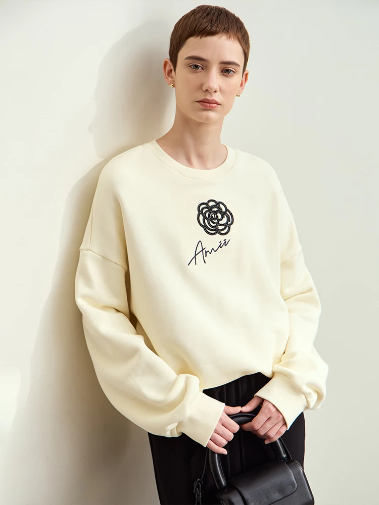 Amii Minimalism 2026 New Autumn Cotton Brushed Sweatshirt For Women O-neck Rose Embroidery Drop Sleeve Trendy Pullovers 12413003