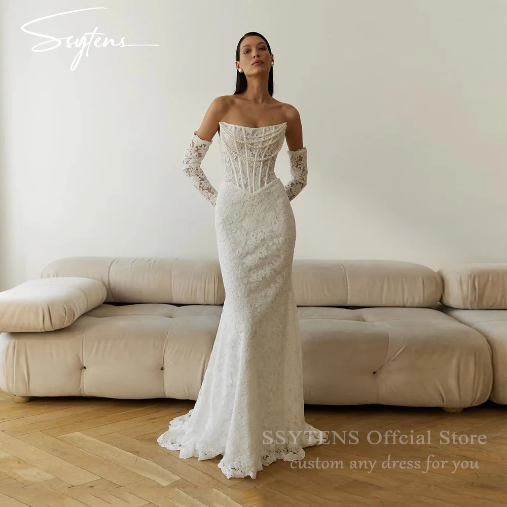 

SSYTENS Luxury Strapless Mermaid Wedding Dresses Pearls Elegant Robe De Mariée 2026 Lace Appliques Maxi Bride Gowns Customized