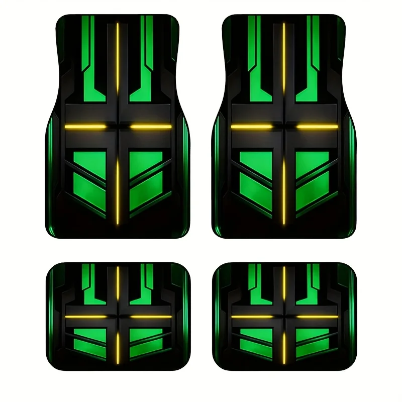 4pcs Set Heavy-Duty Car Floor Mats With Black/Green/Yellow Armor Design - Non-Slip All-Weather, Durable For Front/rear/Truck Bed