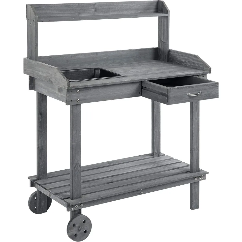 

36" Wooden Potting Bench Work Table with 2 Removable Wheels, Garden Workstation with Removable Sink, Drawer & Large Storage Spa