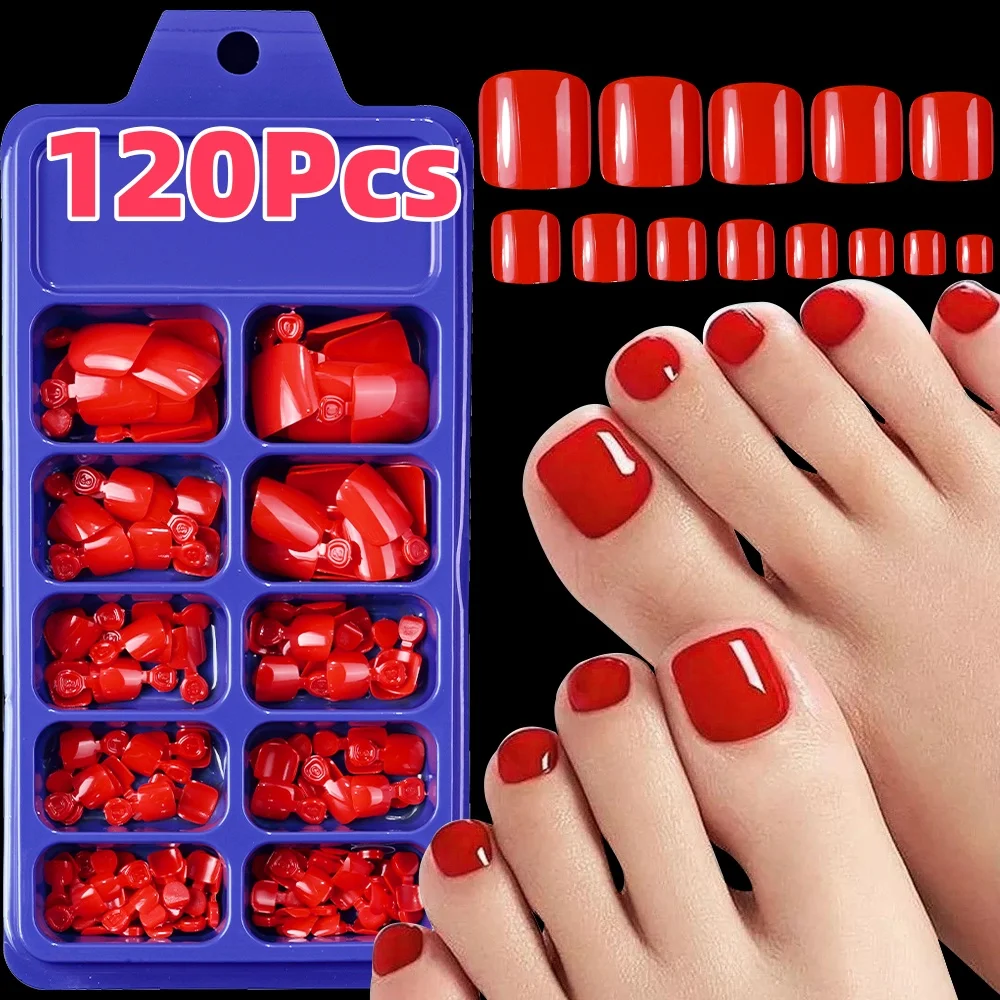 

120Pcs Bright Red Short Square False Toe Nail Tips Full Cover Press On Toenails for Summer Women DIY Fake Foot Extension Tips *&