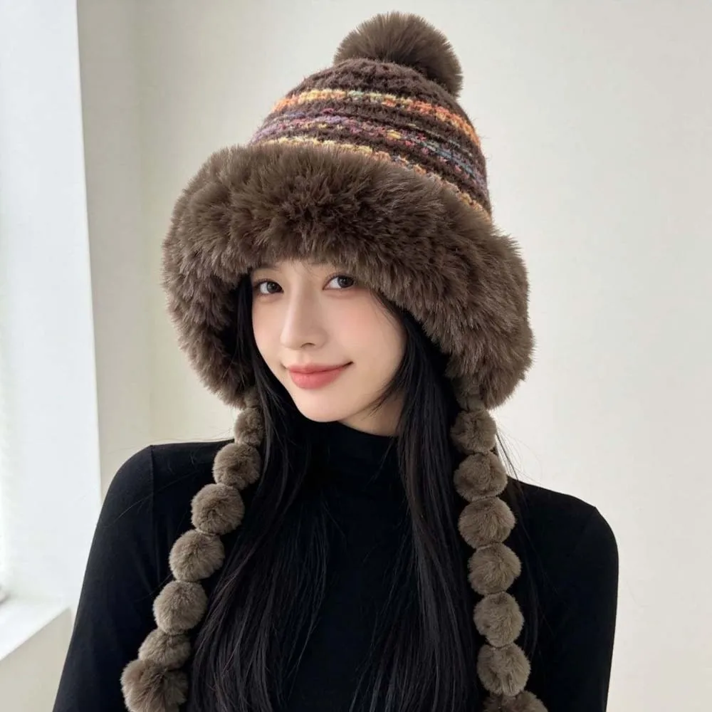 Fleece Lined Pompom Braids Hat Fur Brim Soft Yarn Fleece Knit Beanie Thermal Striped Knit Fur Trim Trapper Girls
