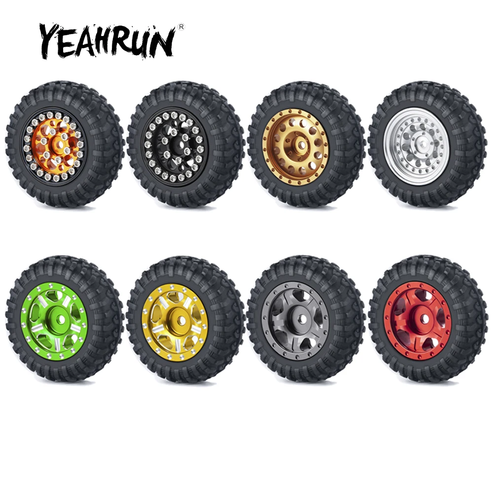 YEAHRUN 4Pcs Aluminum Wheel Rims + Rubber Tires for Axial SCX24 Kyosho Miniz 4x4 Wrangler Rubicon 1/24 Jimny 1/18 RC Crawler Car