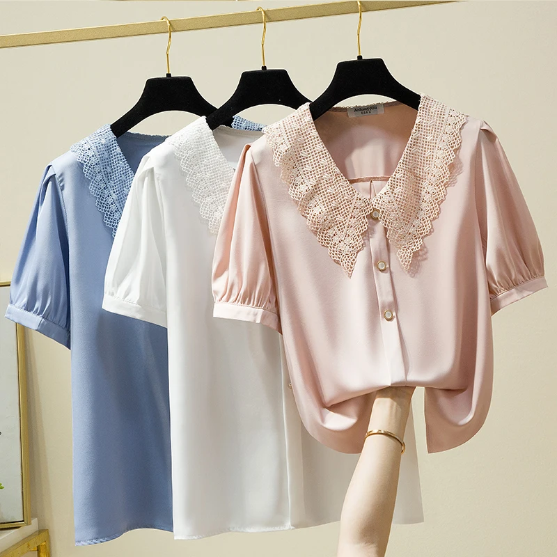 

Solid Classic Elegant Chiffon Blouse Summer button-up Shirt Lace Hollow Out Peter Pan Collar Top Short Sleeve Women Clothing