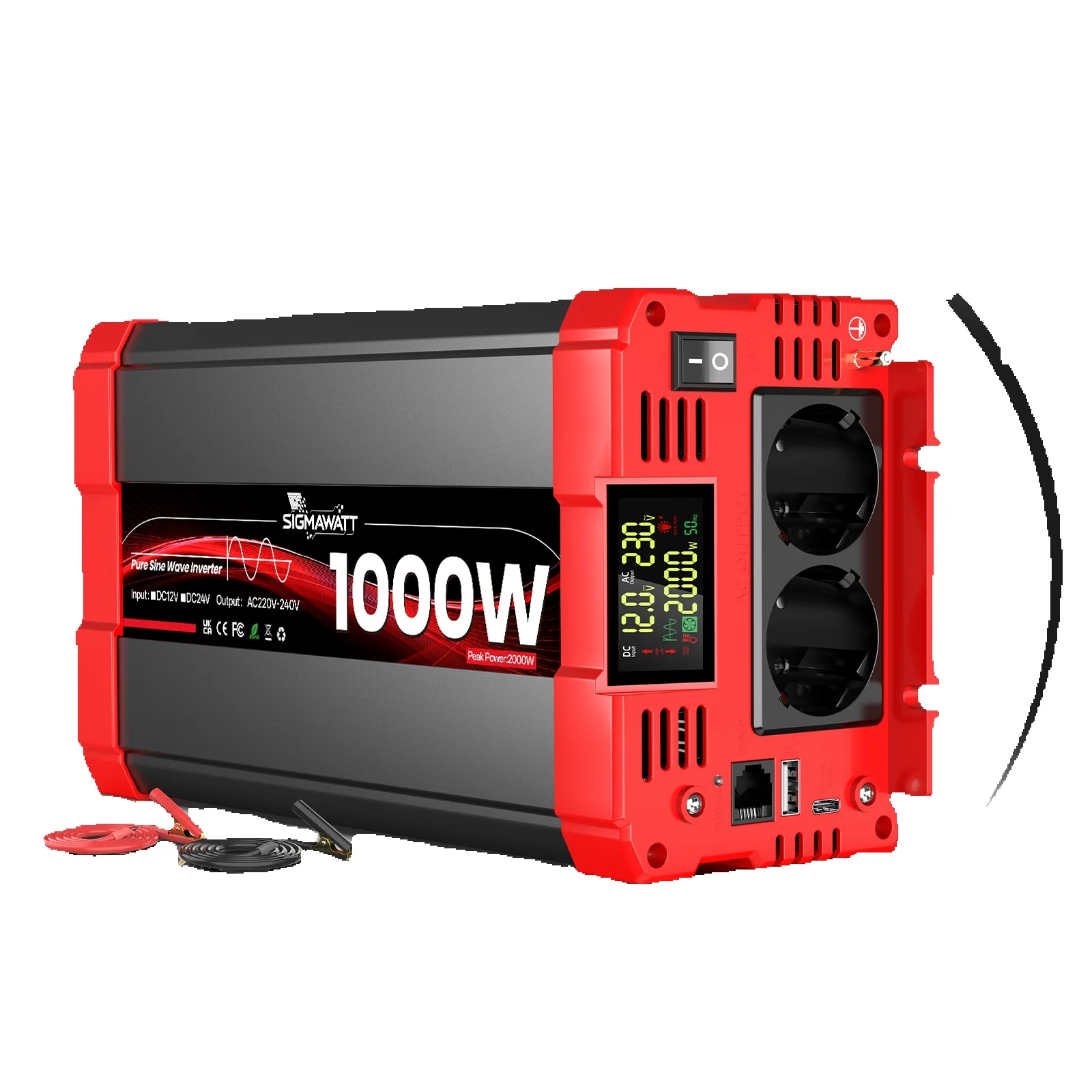 Zuivere Sinusgolf Omvormer DC 12V AC 230V 1000W Nominaal 2000W Piekmacht LCD Display Afstandsbediening USB Type-C voor Camper Auto Converter