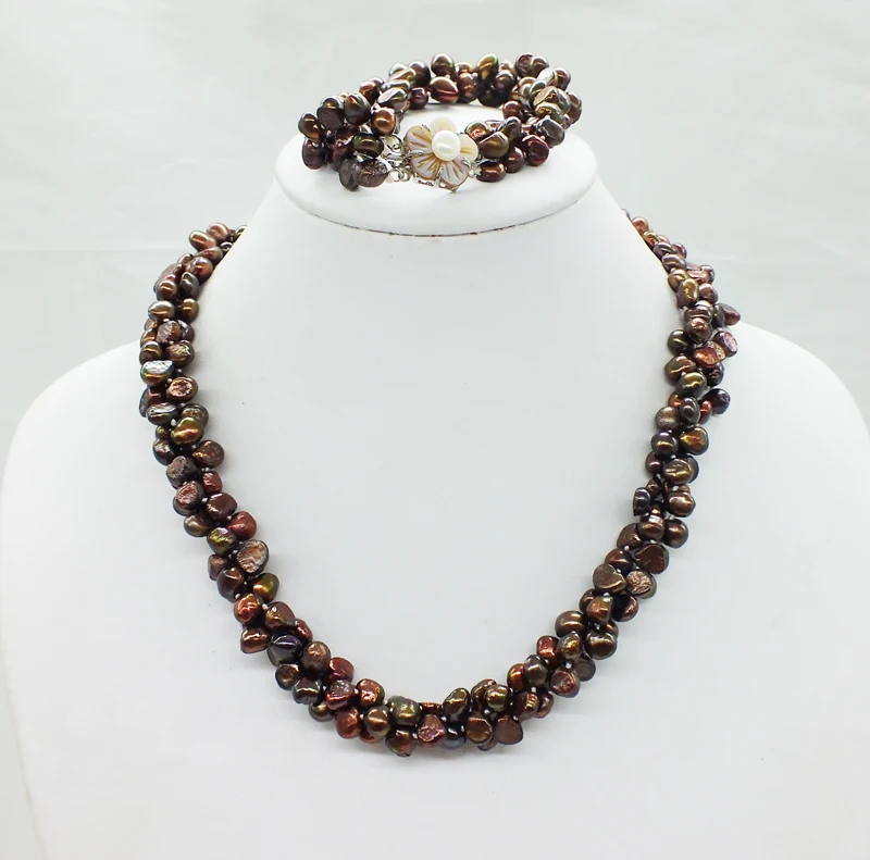 Its gorgeous classic  brown  3 strand Baroque freshwater pearl necklace and Bracelet Set 19 inches