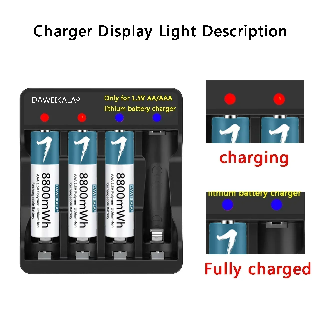 1.5V AAA Rechargeable Lithium Battery 2000+ Cycles with USB Charger for Remote Mouse Electric Toy Long Service Life