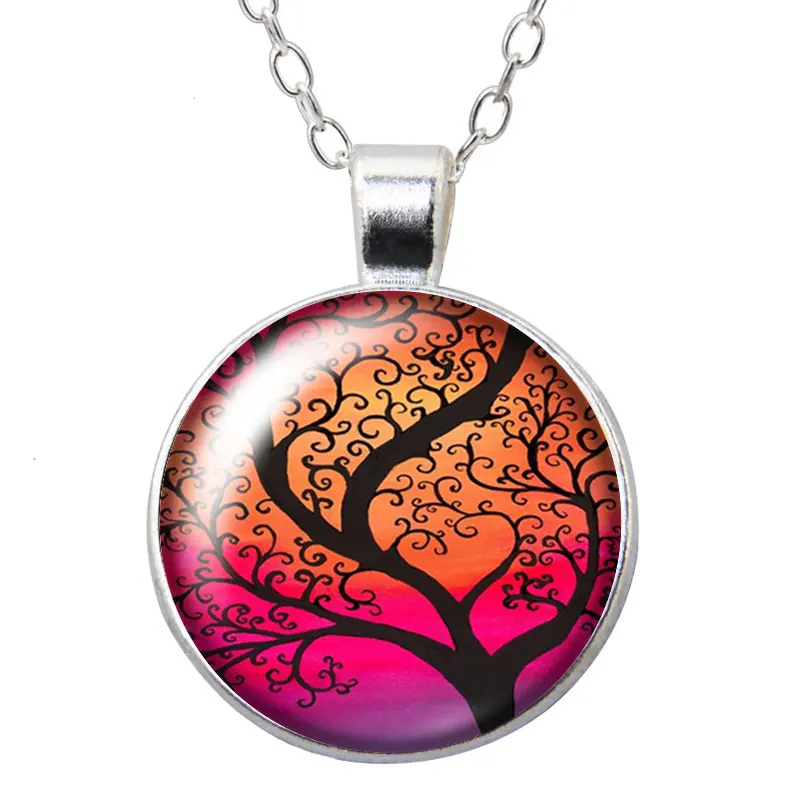 New Colorful Life of tree beauty drawings Round Photo Glass cabochon silver plated pendant necklace jewelry Gift