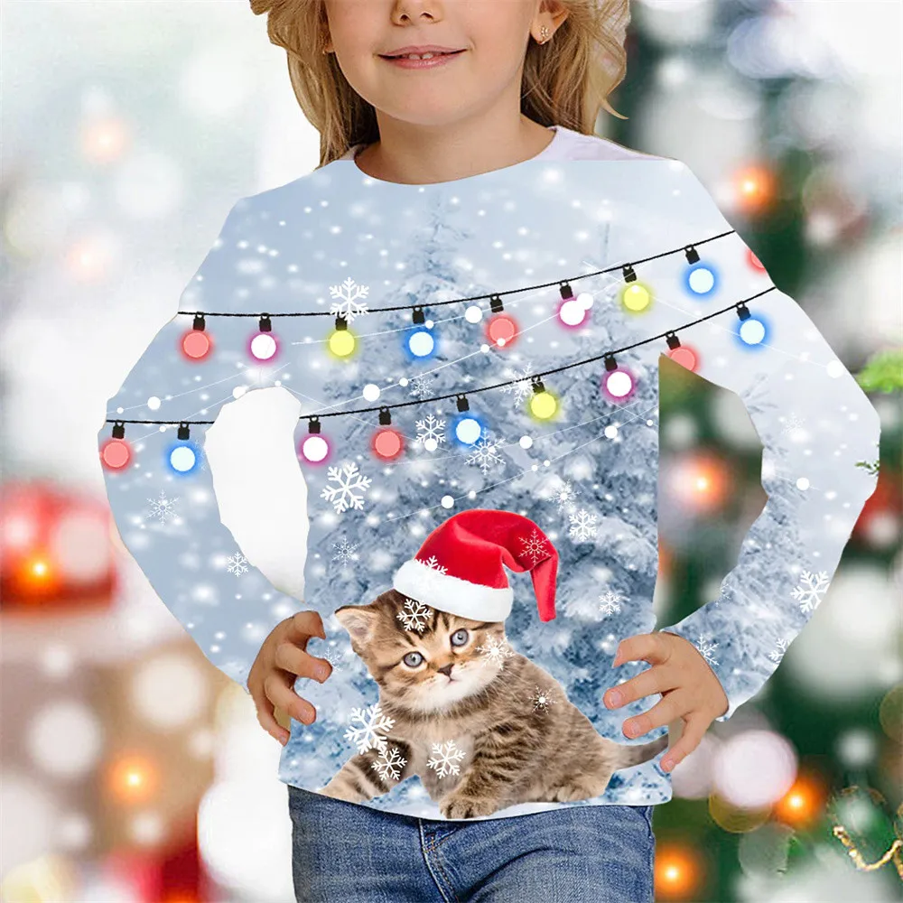 T-shirt gatti stampa per bambini Halloween albero di natale magliette gatto pupazzo di neve vestiti Girly da 6 a 14 anni magliette Kawaii bianche