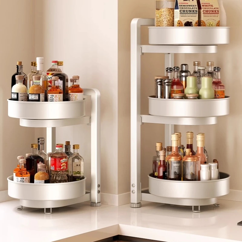 ‌ رف توابل دوار للمطبخ، رف قابل للتعديل من طبقتين، منظم بهارات قابل للإزالة، برج تخزين الحمام