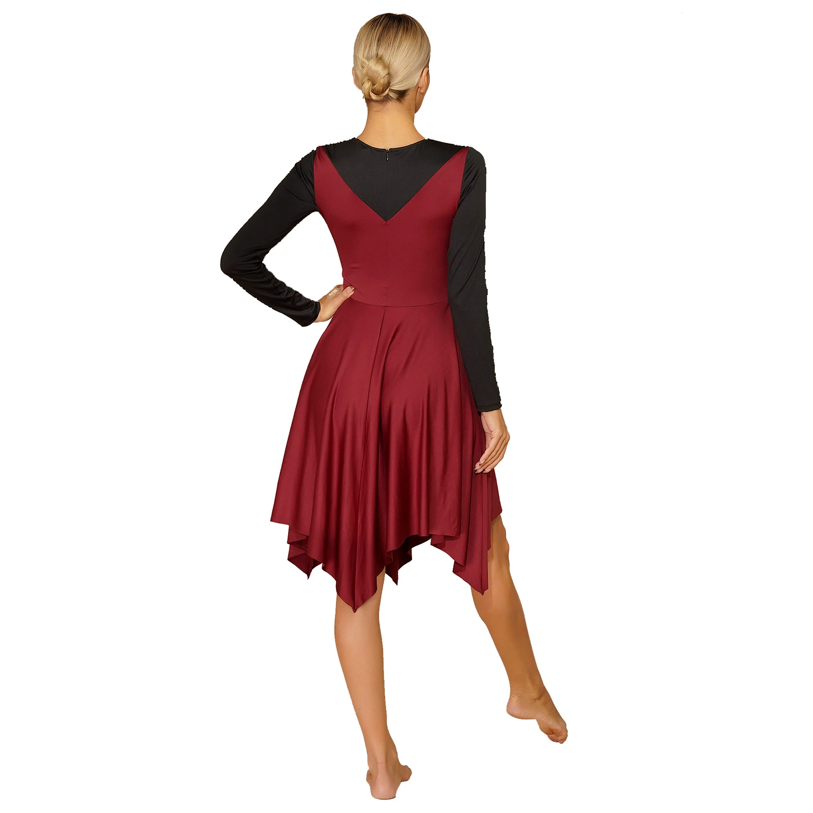 Liturgische Lof Dans Aanbidding Kostuum Voor Vrouwen Kleur Blok Lange Mouw Onregelmatige Zoom Jurk Ballet Lyrische Ballroom Dancewear