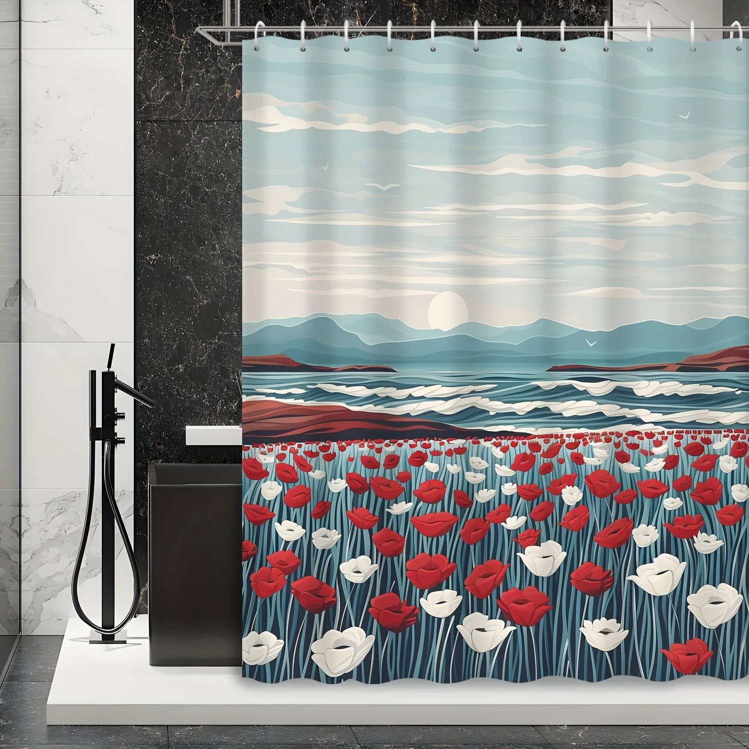 A Serene Seascape Shower Curtain: Bring the Tranquility of Nature into Your Bathroom with This Stunning Design Featuring