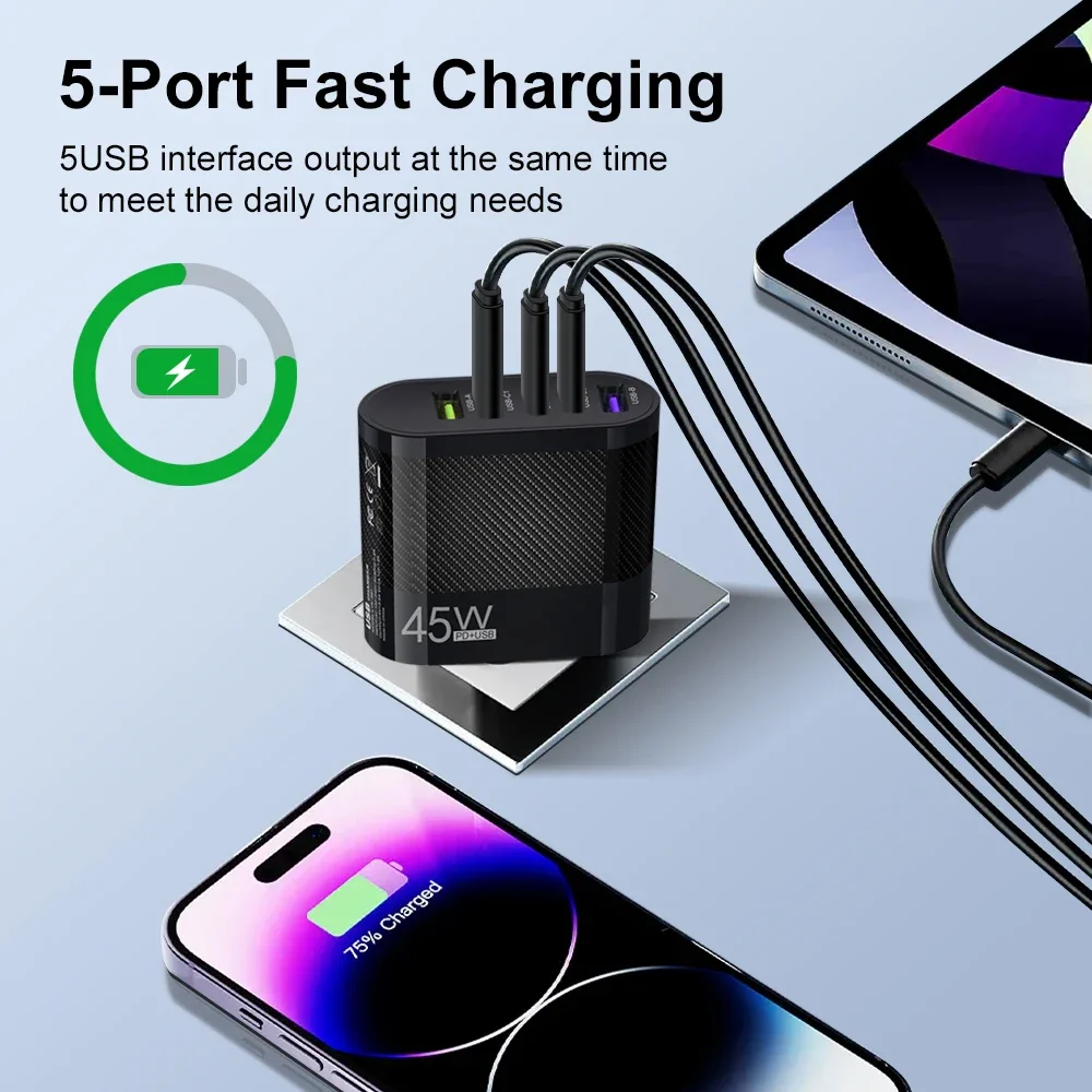 USB C Charger Type-C PD Mobile Phone Muti 5 Ports 45W Fast Quick Charging Wall Adapter for iPhone 15 Pro Max Xiaomi 14 Samsung