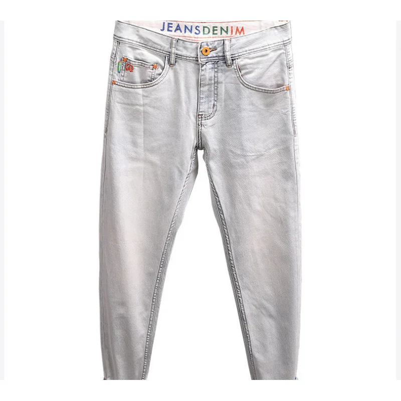 

Летние тонкие саржевые эластичные джинсы, мужские мягкие повседневные брюки с вышивкой, маленькие прямые брюки