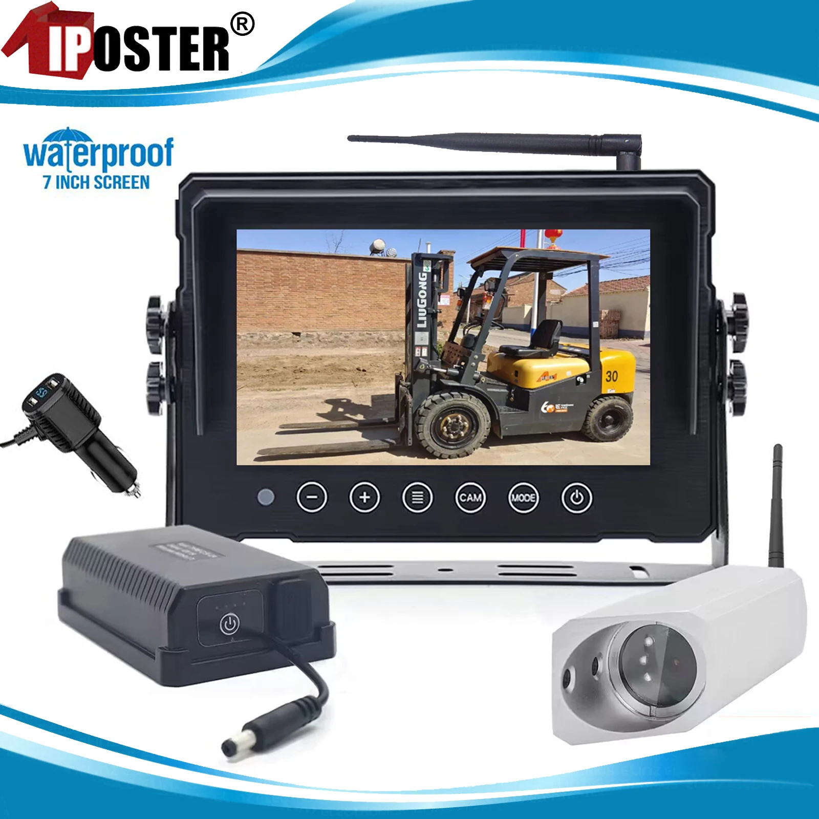 iPoster Waterproof Digital Wireless 7 Inch Split Screen Monitor Front View Camera Magnetic Base Power Bank For Forklift