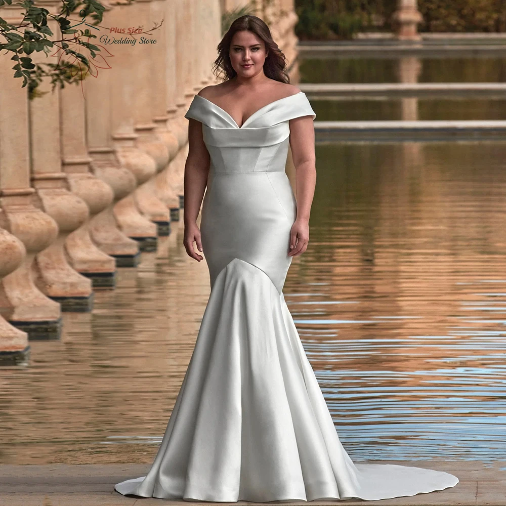 Simple Off Shoulder Mermaid Wedding Dresses Plus Size V Neck Sleeveless Bride Gowns Floor Length Satin Vestido De Noiva 2025
