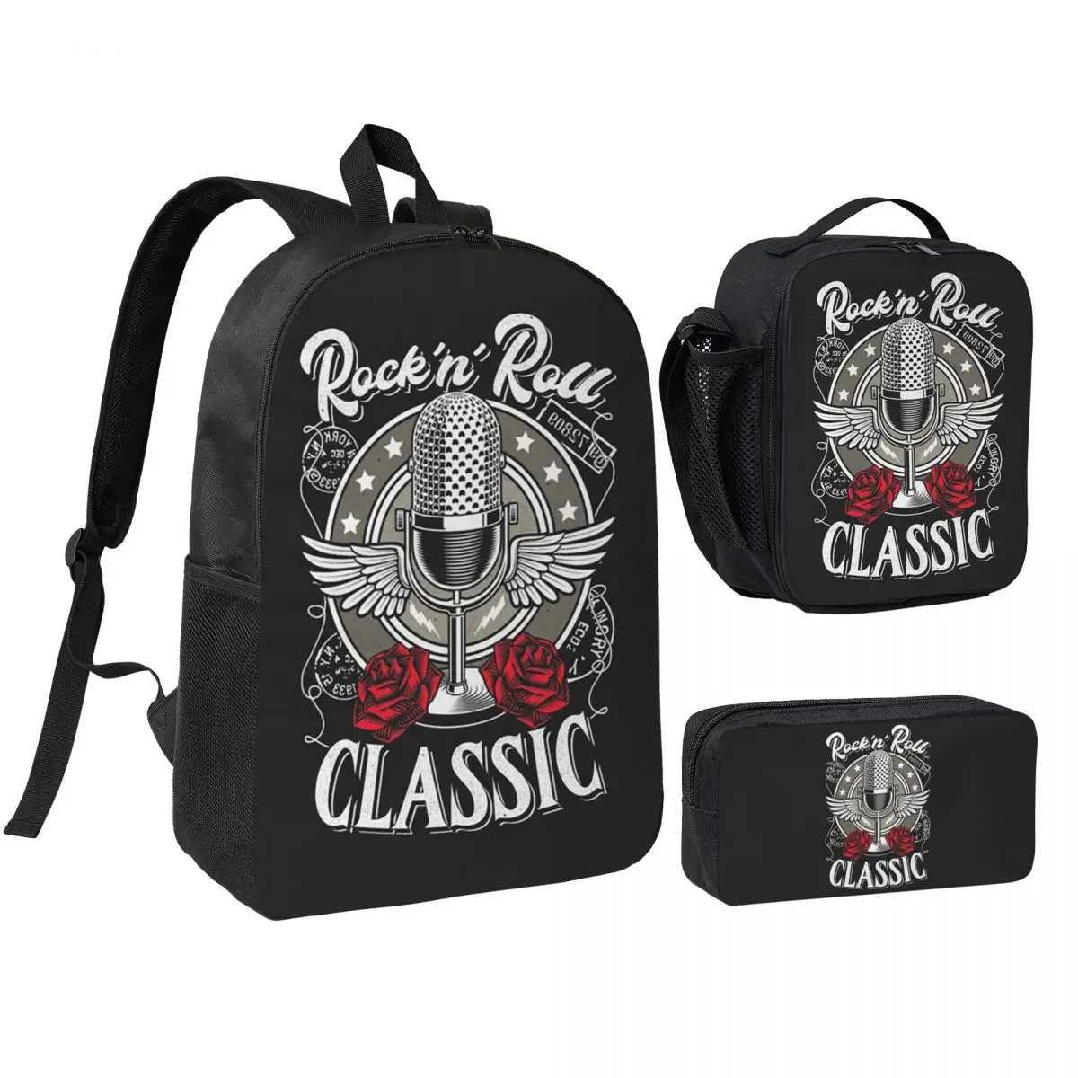 

Microphone Rock And Roll Rockabilly Backpack Boys Girls BookBag School Bag Shoulder Bags 3ps Insulated Lunch Bag Pencil Case
