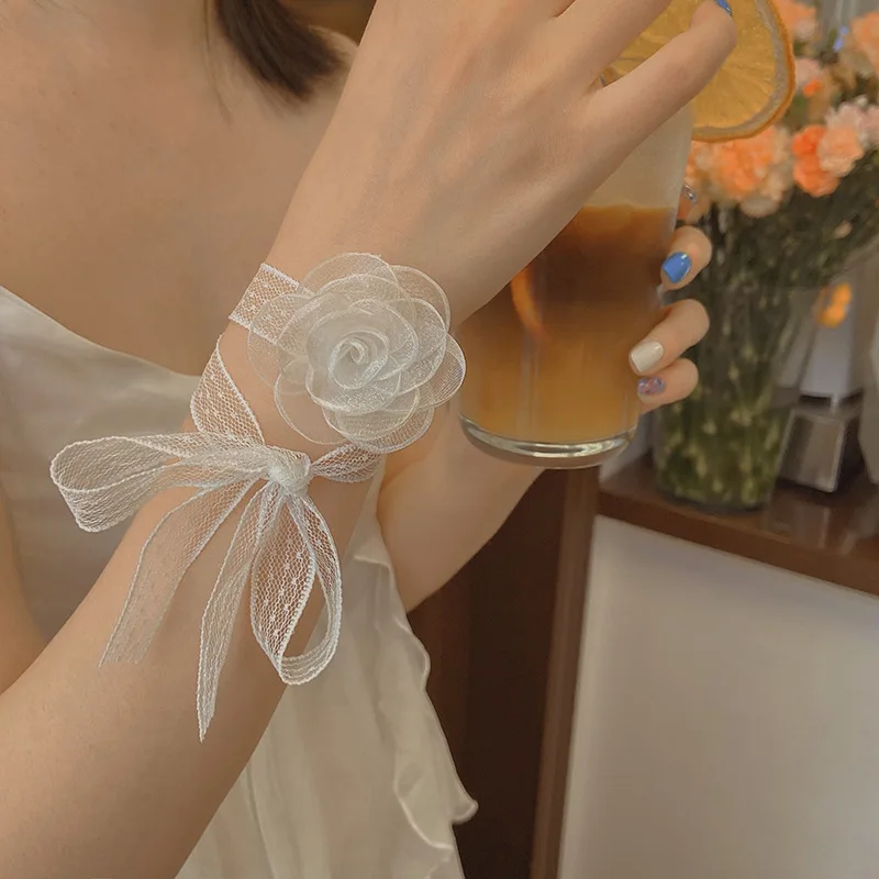 White Lace Flower Ribbon Hair Banded Hair With Hair Ribbon Retro Tie Hair Headgear Bride Wrist Flower