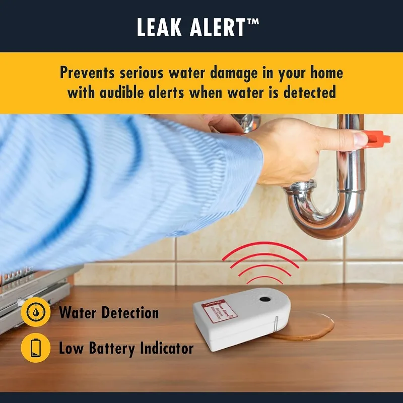 Leak Alert Water Leak Detector & Flood Sensor Alarm/Water Sensor with Dual Alarms 90dB Audio/Battery Powered