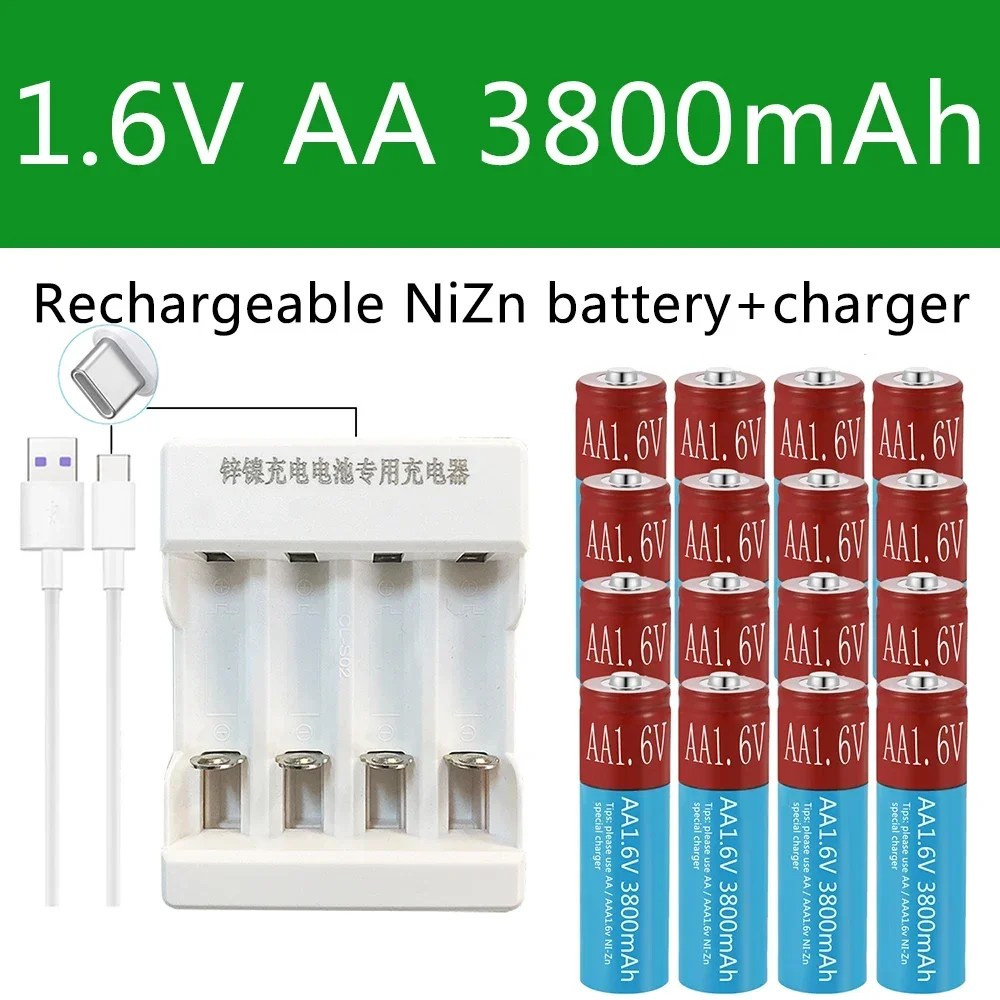 AA Rechargeable Battery Ni-Zn 3800mAh 1.6V NiZn Battery for toys MP3 Solar Lights Digital Camera MP4 RC car with USB Charger