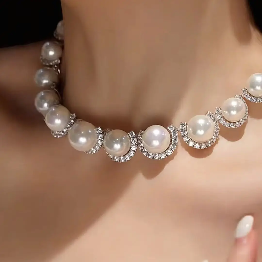 Bellux Fine Jewelry 925 Silver Synthetic Zircon White Large Pearl Bright White Luxury Elegant Jewelry Necklace For Women