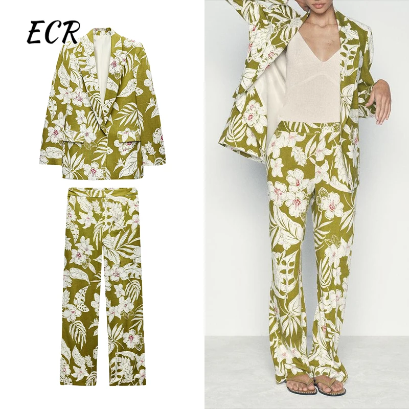 

ECR Hit Color Casual Two Piece Sets For Women Lapel Long Sleeve Coats High Waist Wide Leg Pants Minimalist Loose Set Female New