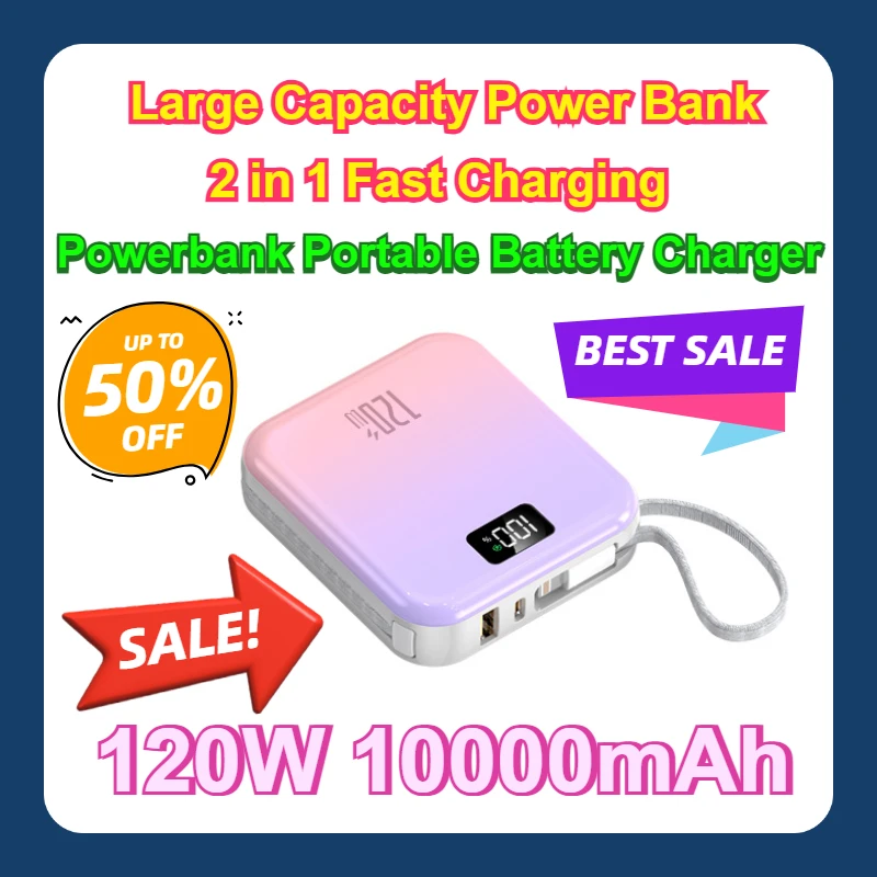 

For IPhone Samsung Huawei 120W 10000mAh Large Capacity Power Bank 2 in 1 Fast Charging Powerbank Portable Battery Charger