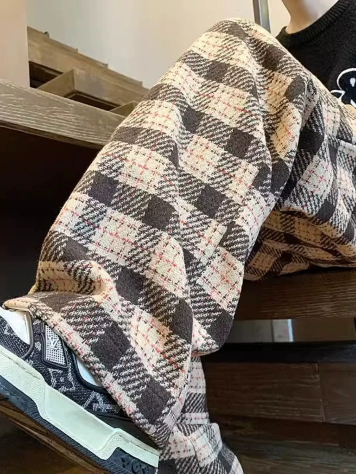 

American Vintage Men's Plaid Pants Wide Leg Woolen Trousers Casual Workwear Loose Fit Faionable Youthful Autumn Wear