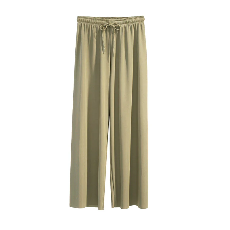 Women Ankle-Length Wide Leg Pants Casual Summer Solid Elastic Waist Loose Ice Silk Pants Spring Summer Female Trousers — 1