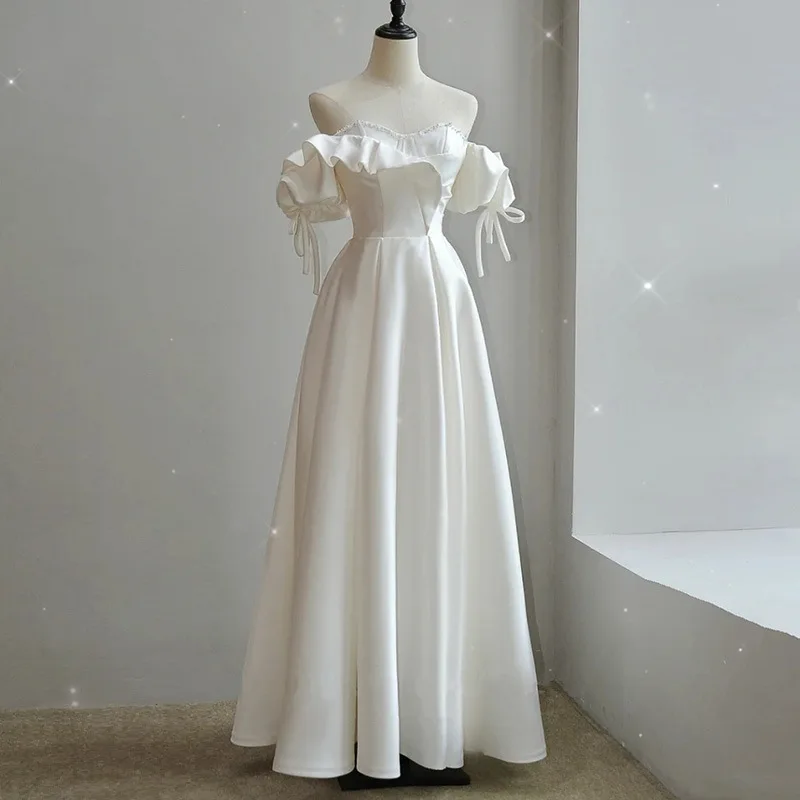 Vestido Formal de satén francés romántico sin tirantes para mujer, vestidos de fiesta hasta el suelo con perlas de cuentas blancas, elegantes vestidos de celebridades