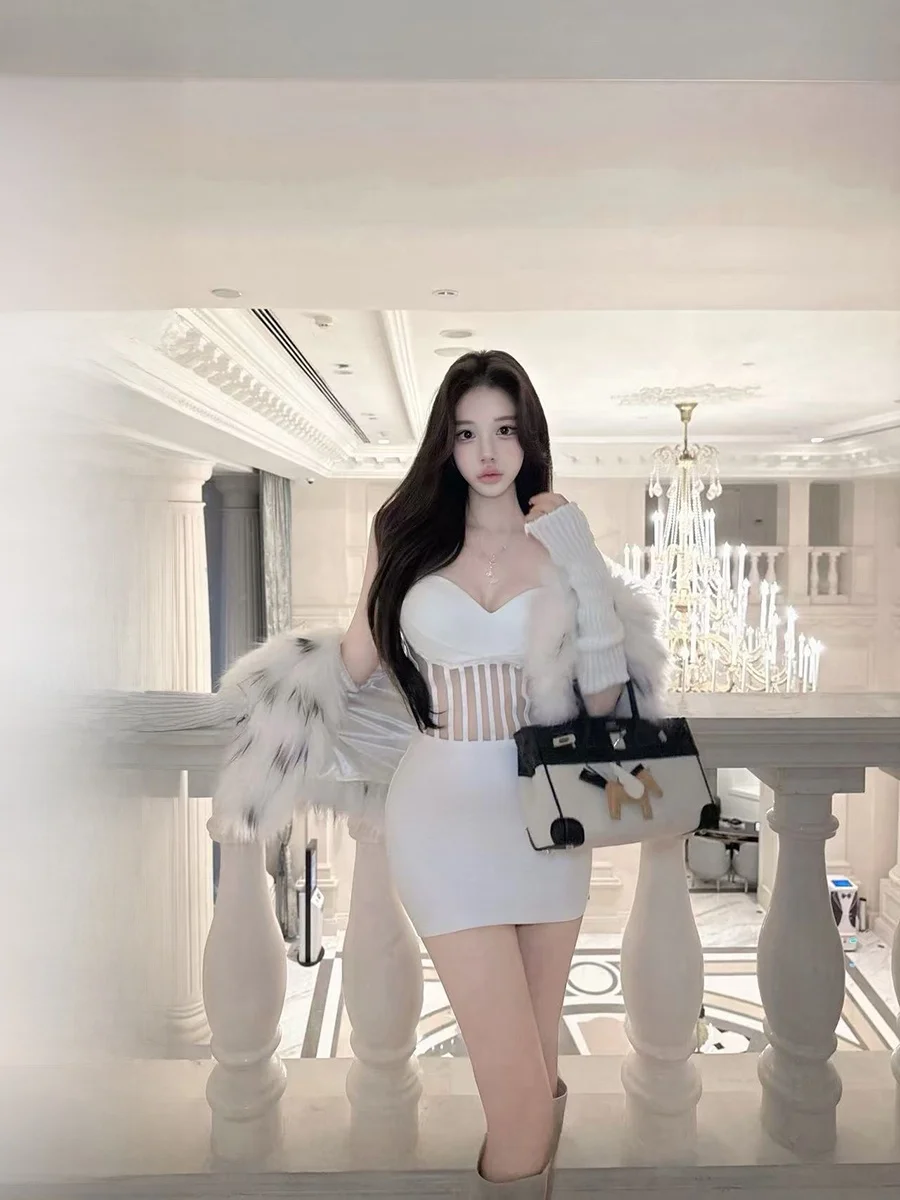 

White Weasel Fur Trimmed ort Coat Handwoven Pelt Outerwear 2025 New Sle Youth Fem Commute Sle Long Sve Coat