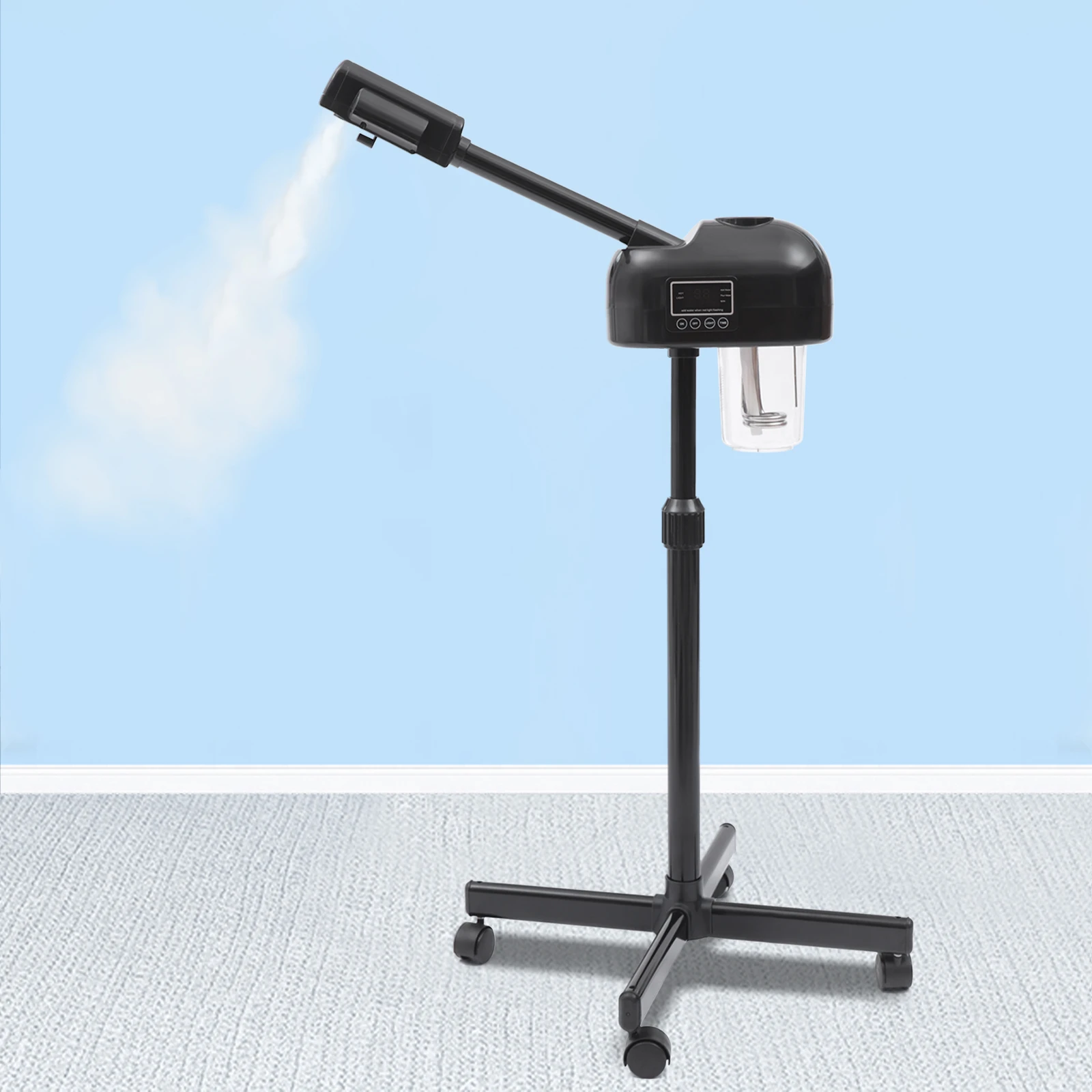 جهاز بخار الوجه الأسود بالأوزون الاحترافي مع شاشة LCD - آلة سبا بالرذاذ الساخن بقدرة 750 وات للتنظيف العميق، ارتفاع قابل للتعديل