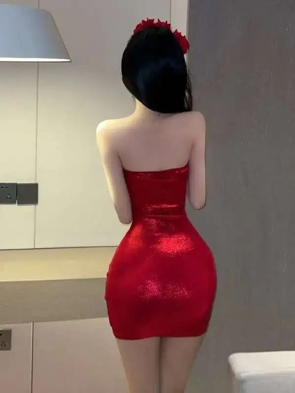 Sexy 2024 Summer Spicy Girl Color Blocking One Collar Backless Strapless Dress Women Cinching Waist Wrap Hip Short Dress CCCK