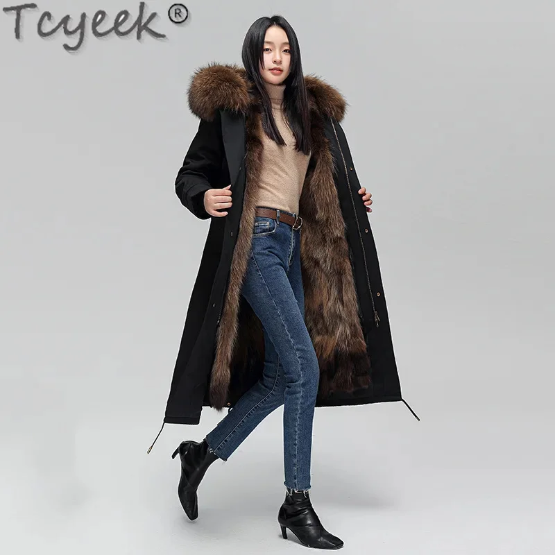 

Winter Tcyeek Real Parka Women Clothing Fashion Hooded Detachable Fox Liner Jacket Female Black Warm Raccoon Fur Collar