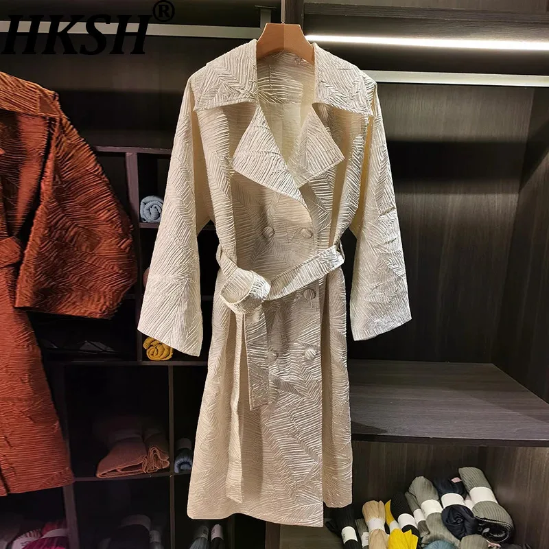 

Новый женский длинный плащ HKSH 2026 весна-осень, плиссированный, однотонный, двубортный, с поясом, элегантный повседневный ветровик HK18855