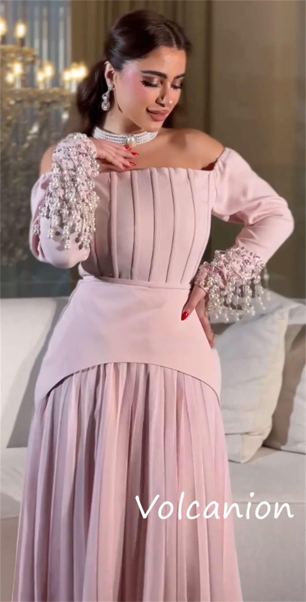 Customized Modern Style Jersey Pearl Pleat A-line Off-the-shoulder Long Dresses Bespoke Occasion Intricate