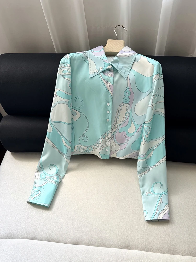 

Spring Summer Fashion Geometric Print Silk Short Style Casual Blouses Women's Turn-down Collar Long Sleeve Single Breasted Shirt